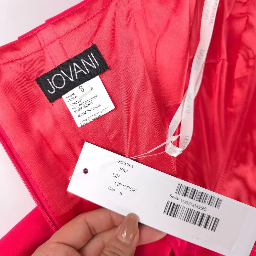 NWT Jovani 08209 Off-shoulder Straight Neck Draped Flare Jumpsuit Lipstick Pink - Picture 11 of 11